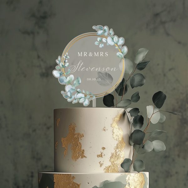 Unique Wedding Cake Topper, Eucalyptus and Gold Cake Topper
