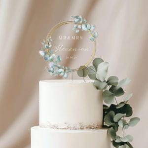 Unique Wedding Cake Topper, Eucalyptus and Gold Cake Topper