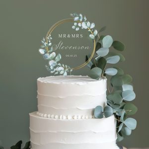 Unique Wedding Cake Topper, Eucalyptus and Gold Cake Topper