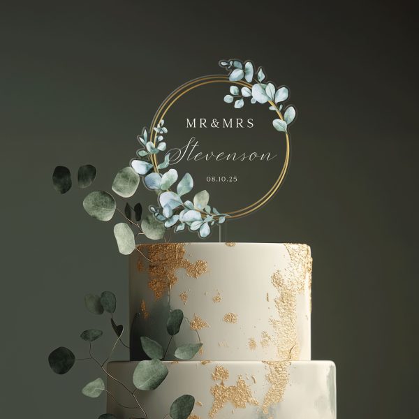 Unique Wedding Cake Topper, Eucalyptus and Gold Cake Topper
