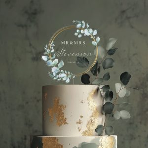 Unique Wedding Cake Topper, Eucalyptus and Gold Cake Topper