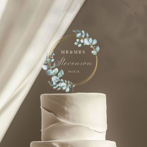 Unique Wedding Cake Topper, Eucalyptus and Gold Cake Topper