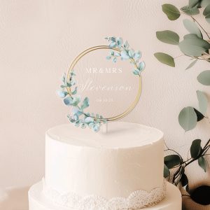 Unique Wedding Cake Topper, Eucalyptus and Gold Cake Topper