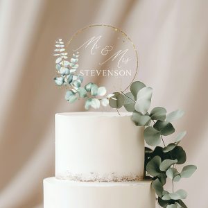 Rustic Wedding Acrylic Cake Topper, Eucalyptus Gold Cake Topper