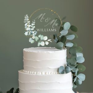 Rustic Wedding Acrylic Cake Topper, Eucalyptus Gold Cake Topper