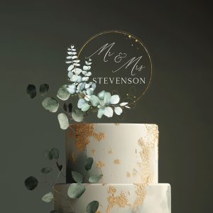 Rustic Wedding Acrylic Cake Topper, Eucalyptus Gold Cake Topper