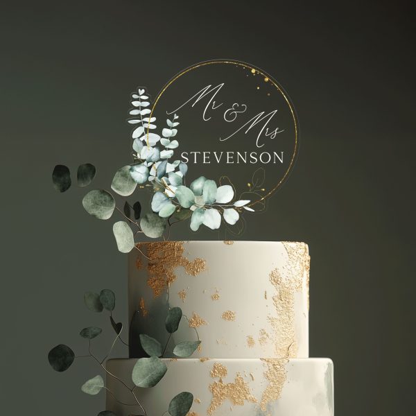 Rustic Wedding Acrylic Cake Topper, Eucalyptus Gold Cake Topper