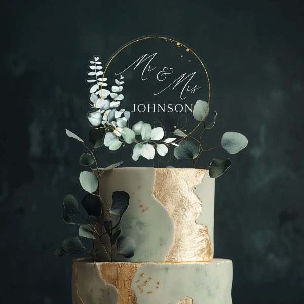 Rustic Wedding Acrylic Cake Topper, Eucalyptus Gold Cake Topper