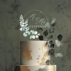 Rustic Wedding Acrylic Cake Topper, Eucalyptus Gold Cake Topper