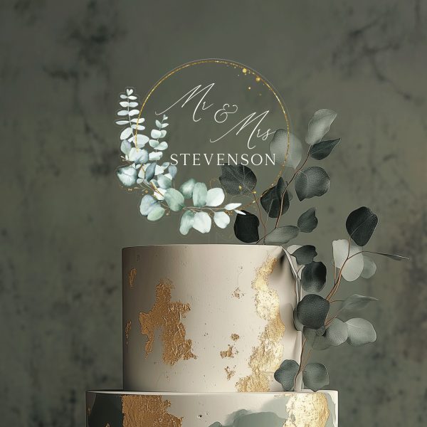 Rustic Wedding Acrylic Cake Topper, Eucalyptus Gold Cake Topper