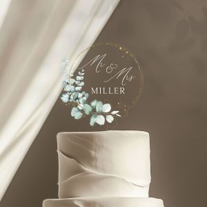 Rustic Wedding Acrylic Cake Topper, Eucalyptus Gold Cake Topper