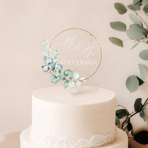 Rustic Wedding Acrylic Cake Topper, Eucalyptus Gold Cake Topper