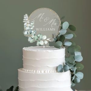 Rustic Wedding Acrylic Cake Topper, Eucalyptus Gold Cake Topper