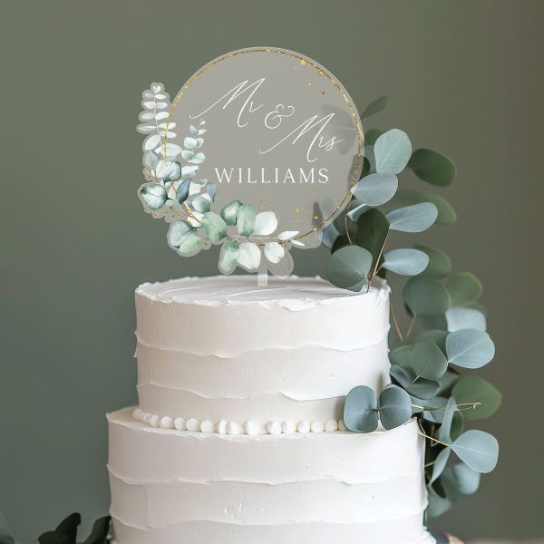 Rustic Wedding Acrylic Cake Topper, Eucalyptus Gold Cake Topper