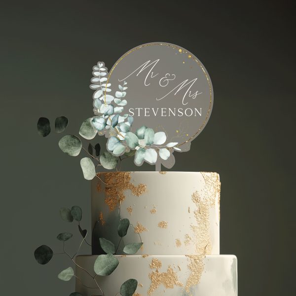 Rustic Wedding Acrylic Cake Topper, Eucalyptus Gold Cake Topper