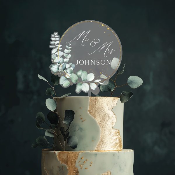 Rustic Wedding Acrylic Cake Topper, Eucalyptus Gold Cake Topper