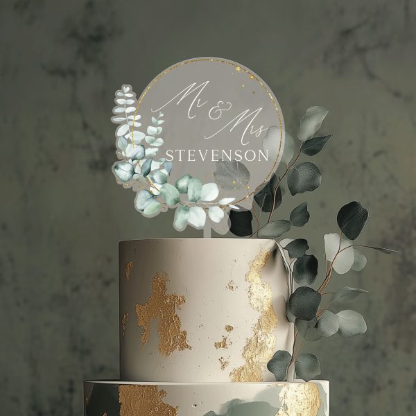 Rustic Wedding Acrylic Cake Topper, Eucalyptus Gold Cake Topper