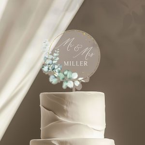 Rustic Wedding Acrylic Cake Topper, Eucalyptus Gold Cake Topper