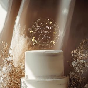 Floral 50th Birthday Cake Topper, Happy Birthday Cake Topper
