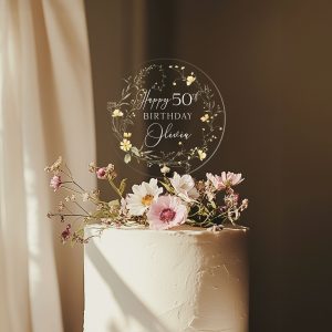 Floral 50th Birthday Cake Topper, Happy Birthday Cake Topper