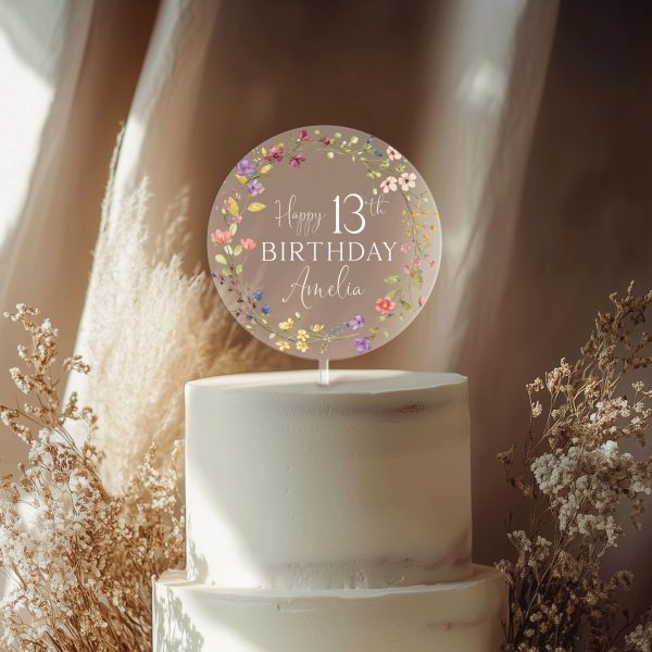 Wildflowers Birthday Cake Topper, Birthday Acrylic Cake Topper