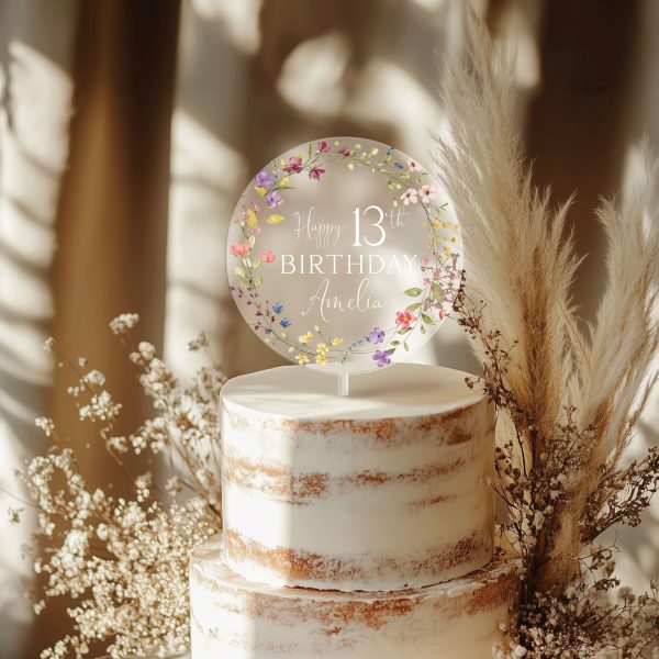 Wildflowers Birthday Cake Topper, Birthday Acrylic Cake Topper
