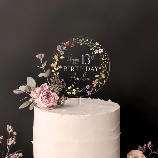 Wildflowers Birthday Cake Topper, Birthday Acrylic Cake Topper