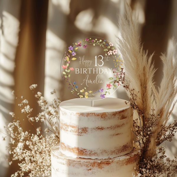 Wildflowers Birthday Cake Topper, Birthday Acrylic Cake Topper