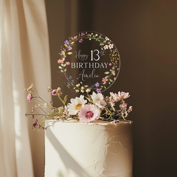 Wildflowers Birthday Cake Topper, Birthday Acrylic Cake Topper