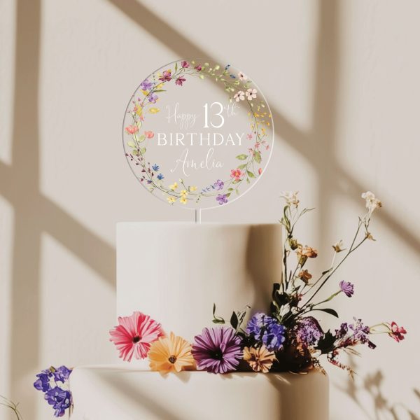 Wildflowers Birthday Cake Topper, Birthday Acrylic Cake Topper