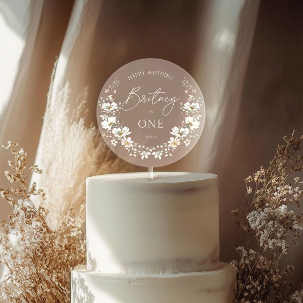 Floral Birthday Cake Topper, 1st Birthday Acrylic Cake Topper