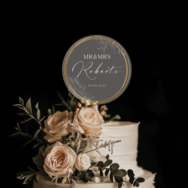 Gold Wreath Wedding Cake Topper, Acrylic Wedding Cake Topper