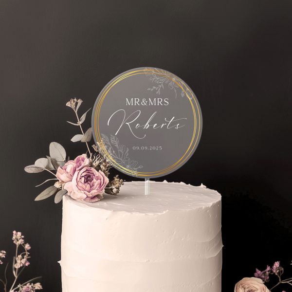 Gold Wreath Wedding Cake Topper, Acrylic Wedding Cake Topper