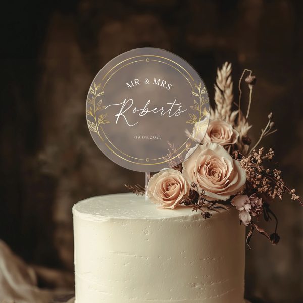 Gold Wreath Cake Topper, Unique Wedding Acrylic Cake Topper