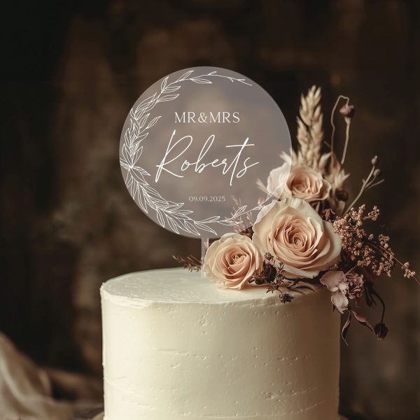 Minimalist Greenery Wedding Cake Topper, Acrylic Cake Topper