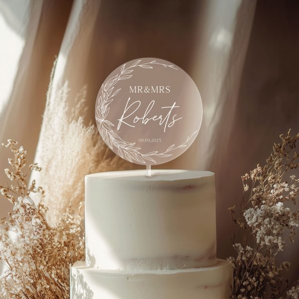 Minimalist Greenery Wedding Cake Topper, Acrylic Cake Topper