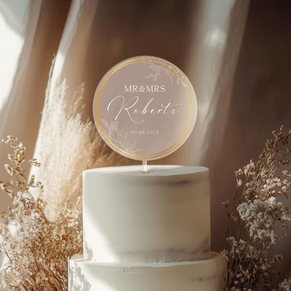 Gold Wreath Wedding Cake Topper, Acrylic Wedding Cake Topper
