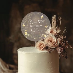 Floral 50th Birthday Cake Topper, Happy Birthday Cake Topper