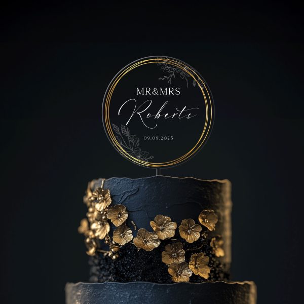 Gold Wreath Wedding Cake Topper, Acrylic Wedding Cake Topper