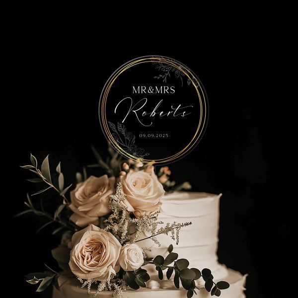 Gold Wreath Wedding Cake Topper, Acrylic Wedding Cake Topper