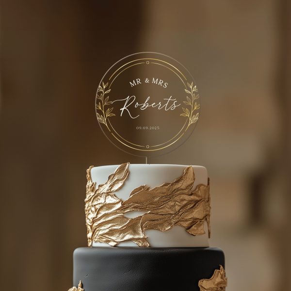 Gold Wreath Cake Topper, Unique Wedding Acrylic Cake Topper