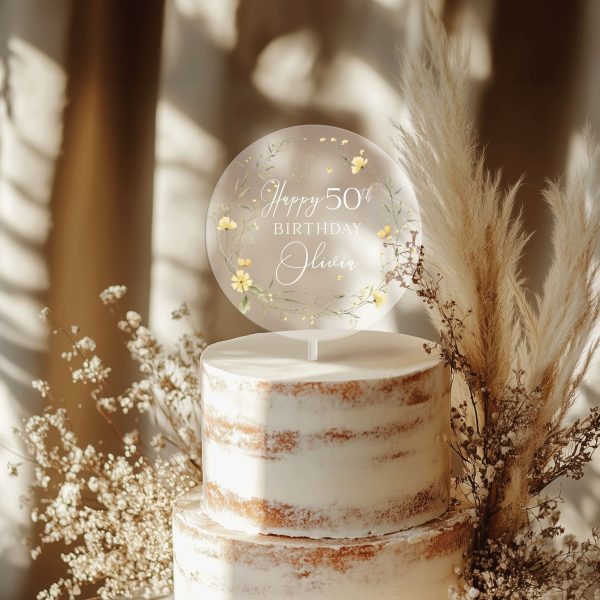 Floral 50th Birthday Cake Topper, Happy Birthday Cake Topper