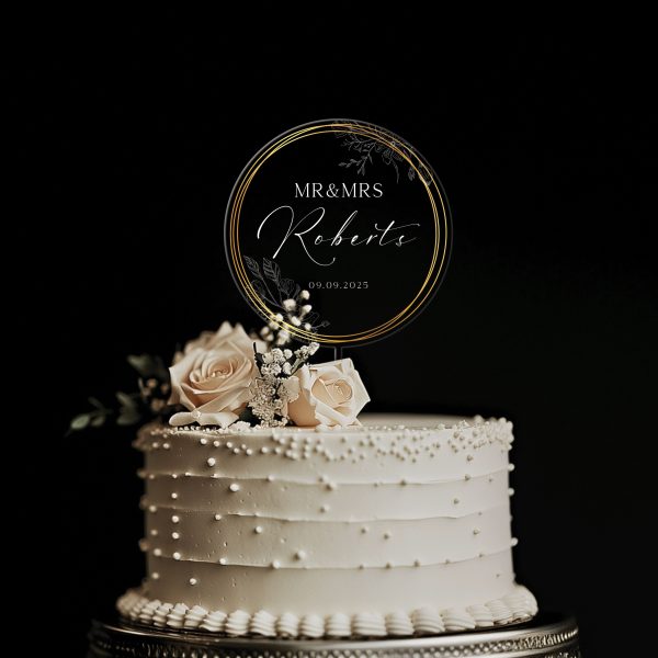 Gold Wreath Wedding Cake Topper, Acrylic Wedding Cake Topper