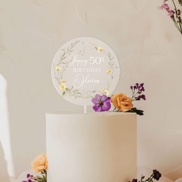 Floral 50th Birthday Cake Topper, Happy Birthday Cake Topper