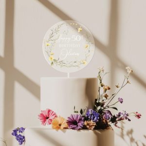 Floral 50th Birthday Cake Topper, Happy Birthday Cake Topper