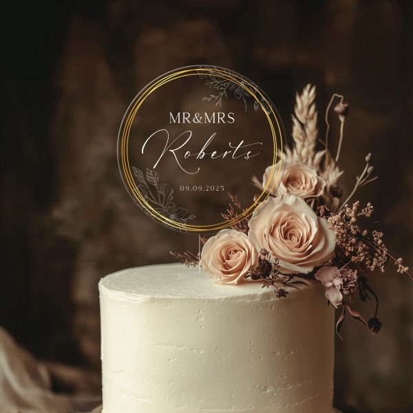 Gold Wreath Wedding Cake Topper, Acrylic Wedding Cake Topper