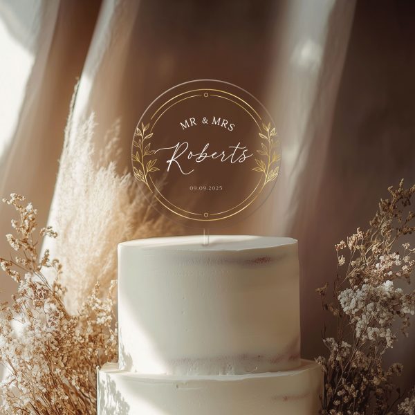 Gold Wreath Cake Topper, Unique Wedding Acrylic Cake Topper