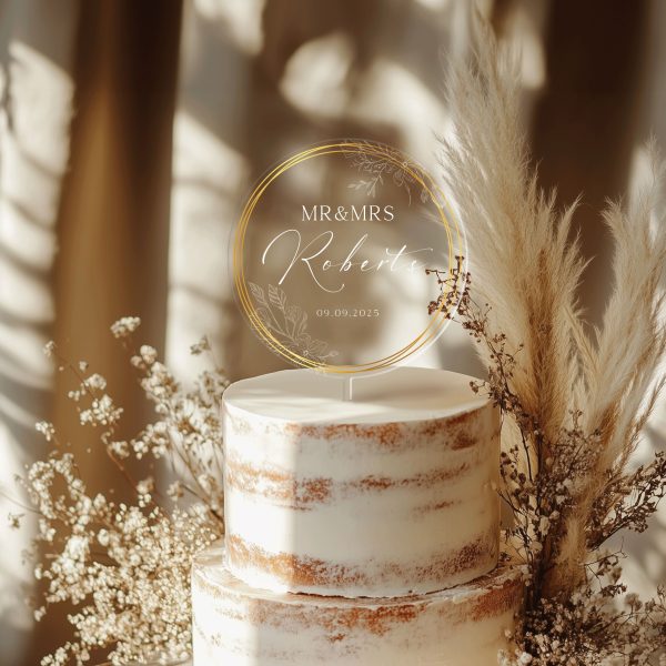 Gold Wreath Wedding Cake Topper, Acrylic Wedding Cake Topper