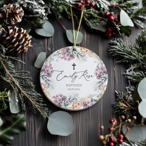 Personalized Baptism Ornament, Elegant Floral Gift for Baby Girl