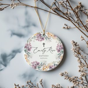 Personalized Baptism Ornament, Elegant Floral Gift for Baby Girl